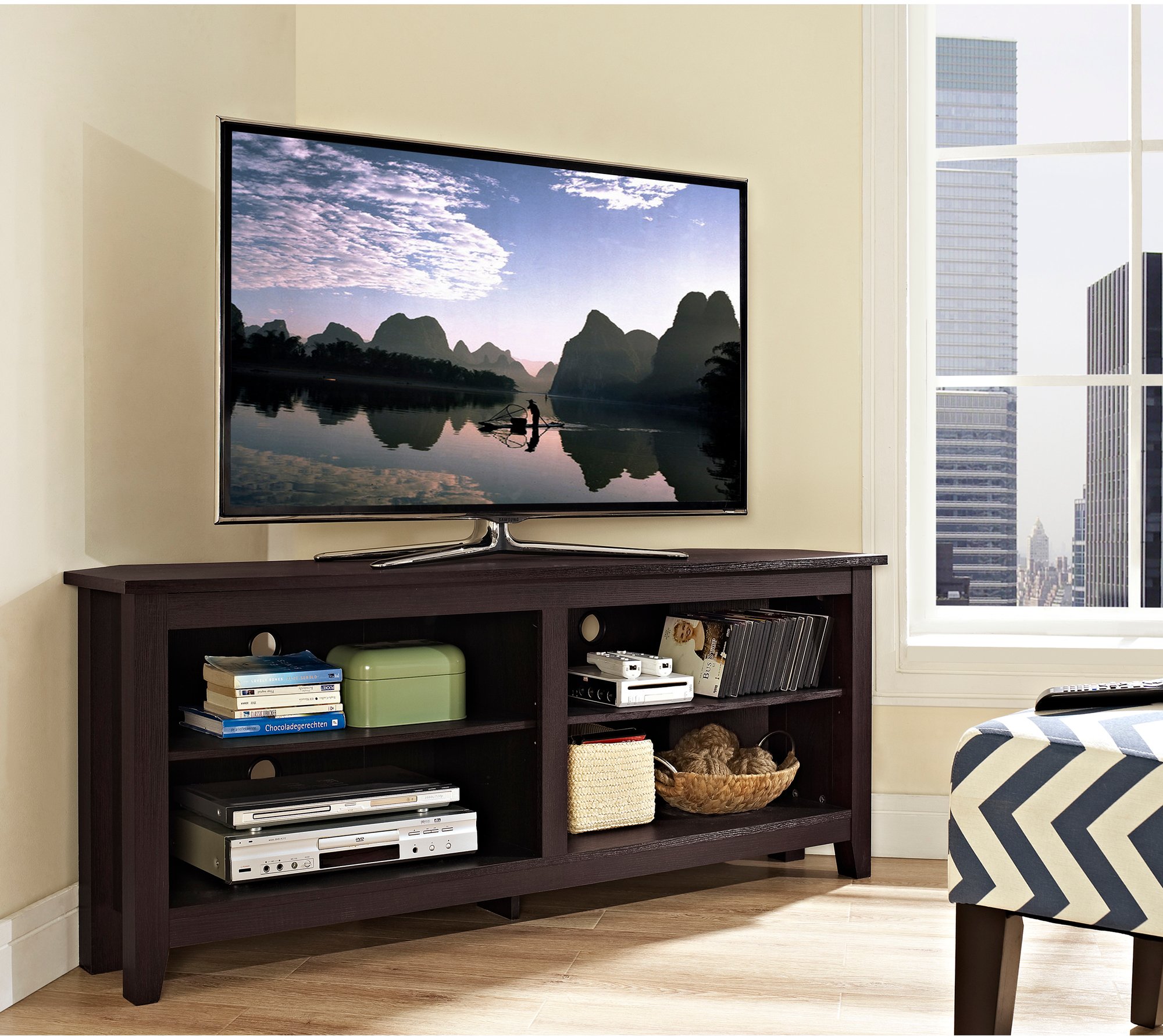 W58CCRES 58 Inch Espresso Brown Corner TV Stand-1