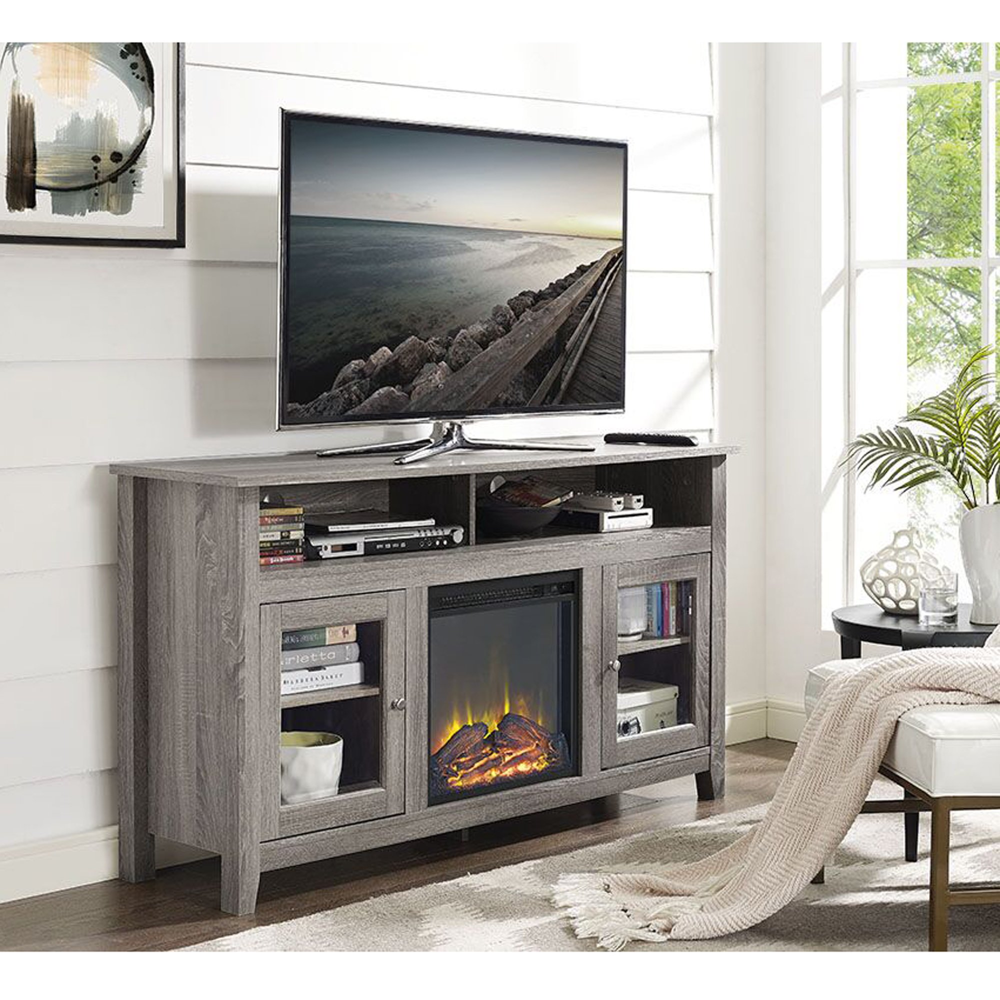 W58FP18HBAG 58 Inch Driftwood Brown Highboy Fireplace TV Stand-1