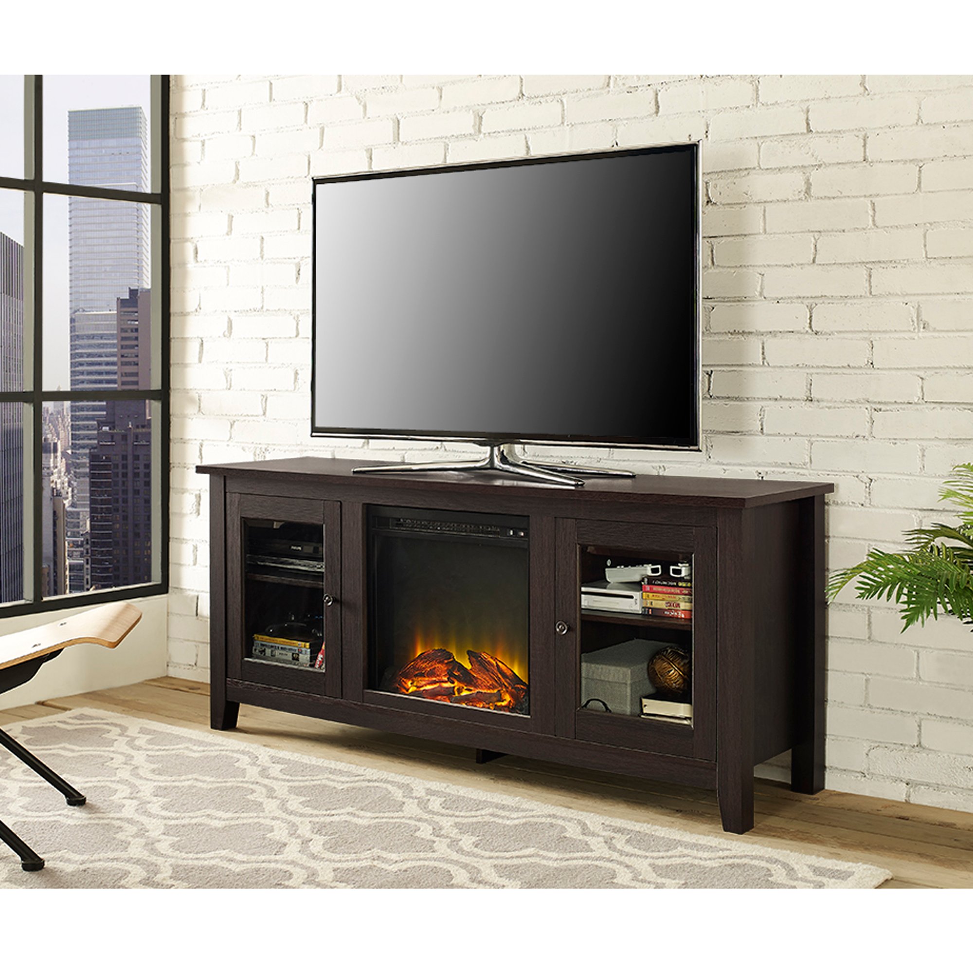 W58FP4DWES 58 Inch Transitional Dark Brown Fireplace TV Stand-1