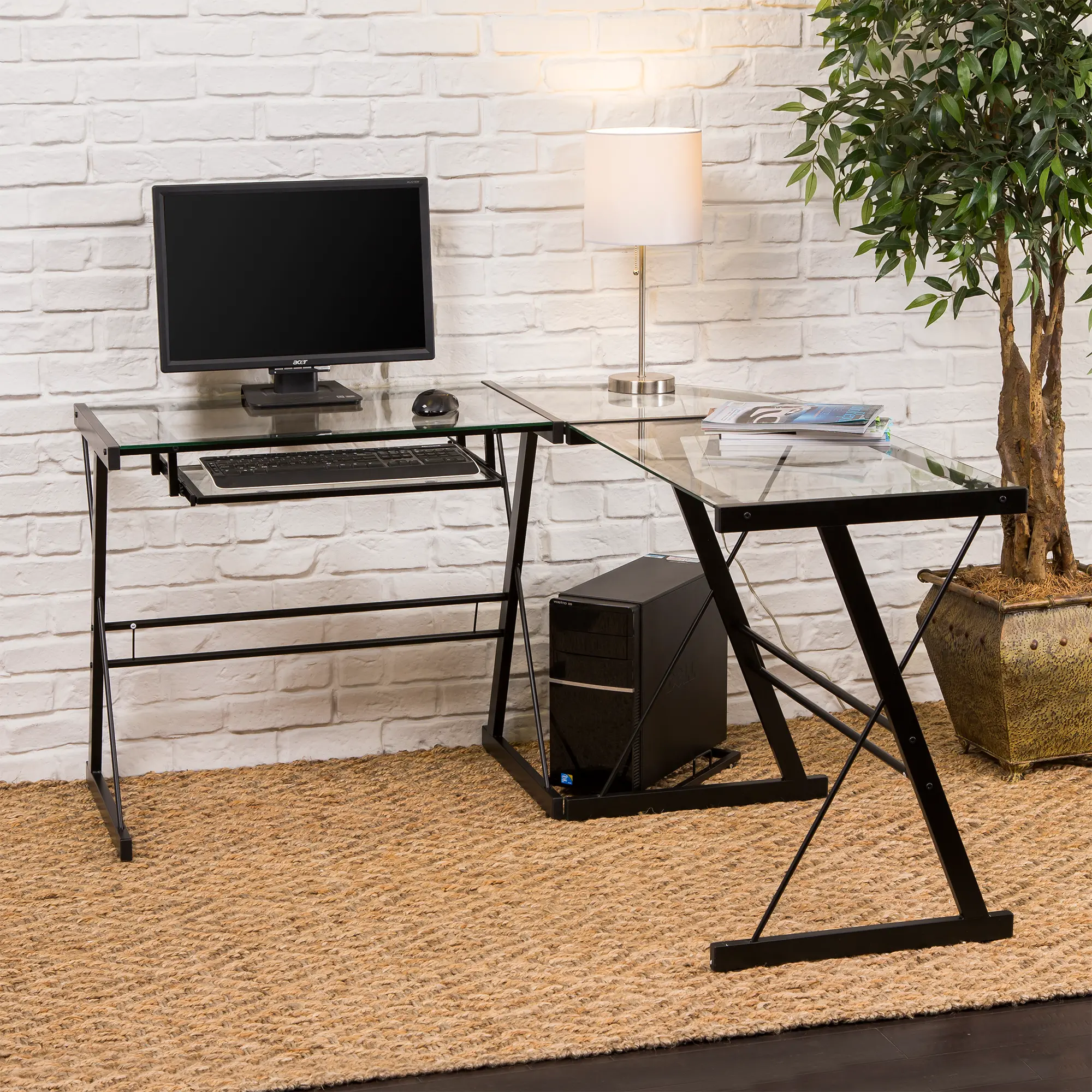 D51Z29 Black L Shaped Corner Glass Desk-1