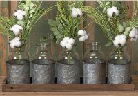 5 Bottles In Metal Tin Holder On Wooden Tray