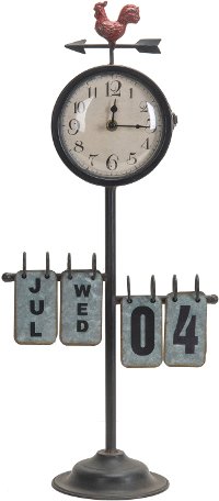 Metal Clock on Stand with Calendar and Rooster Vane