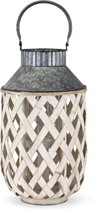 15 Inch Whitewashed Bamboo and Metal Lantern