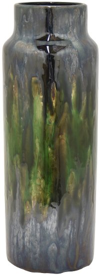 15 Inch Green and Charcoal Drip Ceramic Vase