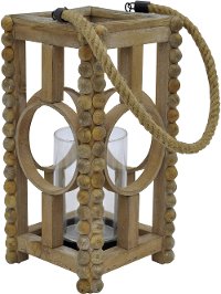 13 Inch Wooden Lantern with Rope Hanger and Glass Cylinder