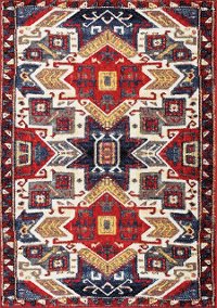 5 x 8 Medium Ikat Red, Blue and Cream Area Rug - Saffron