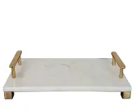 Off White Marble and Gold Metal Classic Tray with Handles