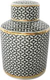8 Inch Black and White Lidded Jar with Gold Trim