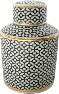 8 Inch Black and White Lidded Jar with Gold Trim