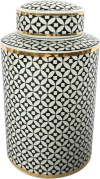 12 Inch Black and White Lidded Jar with Gold Trim