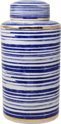 16 Inch White, Blue and Gold Striped Ceramic Lidded Jar