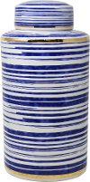 Clearance 16 Inch White, Blue and Gold Striped Ceramic Lidded Jar