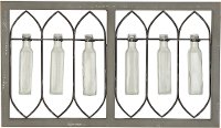 Wood and Metal Wall Art With Six Glass Bottles