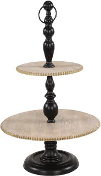 27 Inch Black and Natural Wood and Metal Tiered Tray