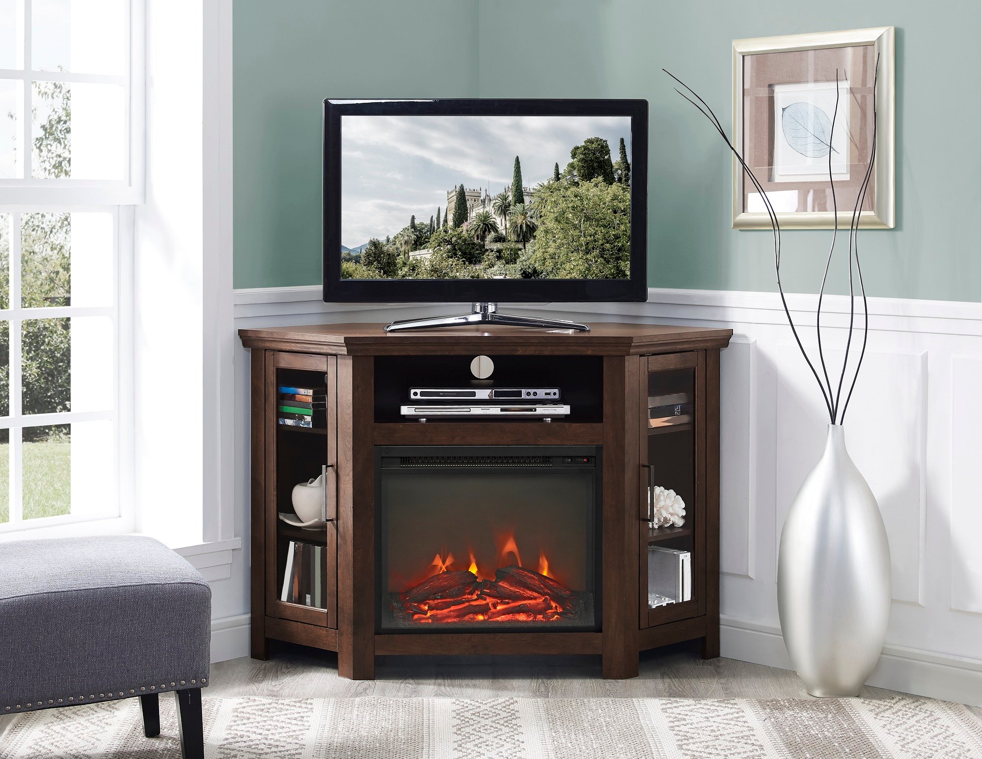 W48FPCRTB Corner 48 Inch Fireplace TV Stand - Brown-1