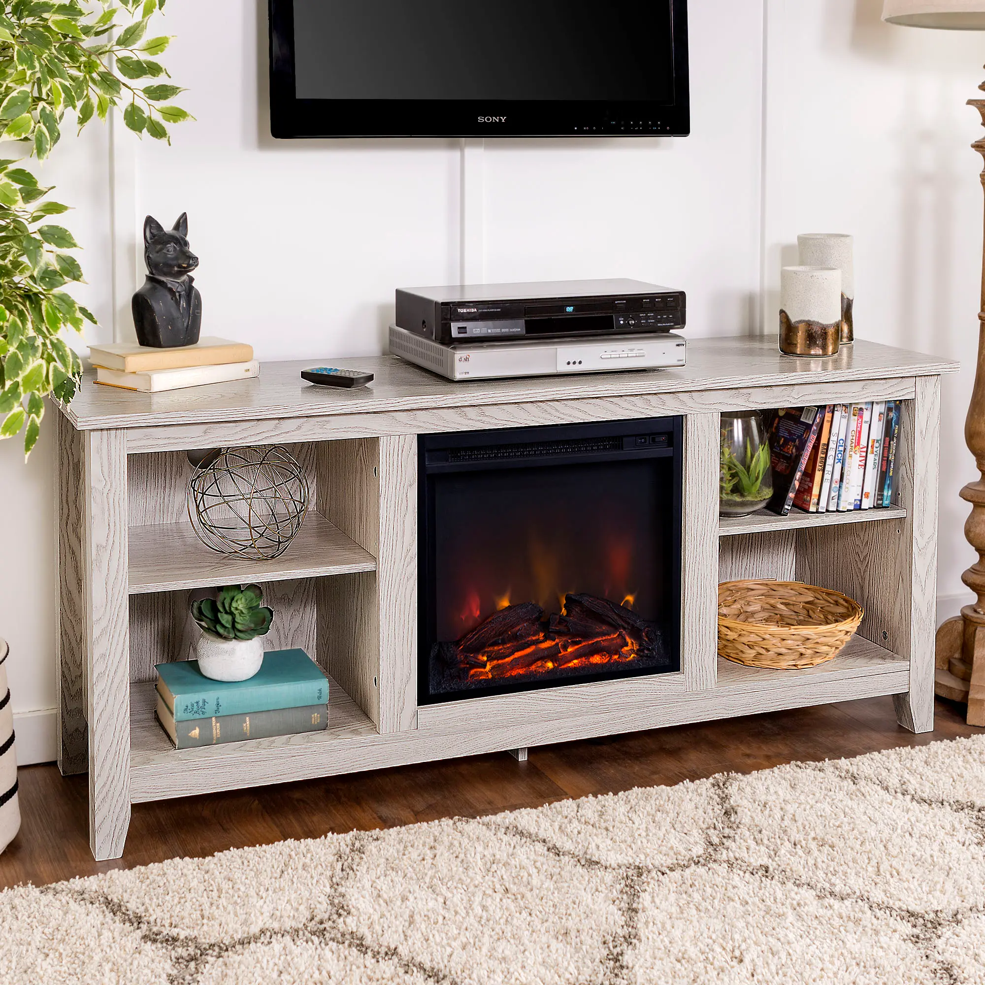 W58FP18WW Farmhouse White 58 Inch Fireplace TV Stand-1