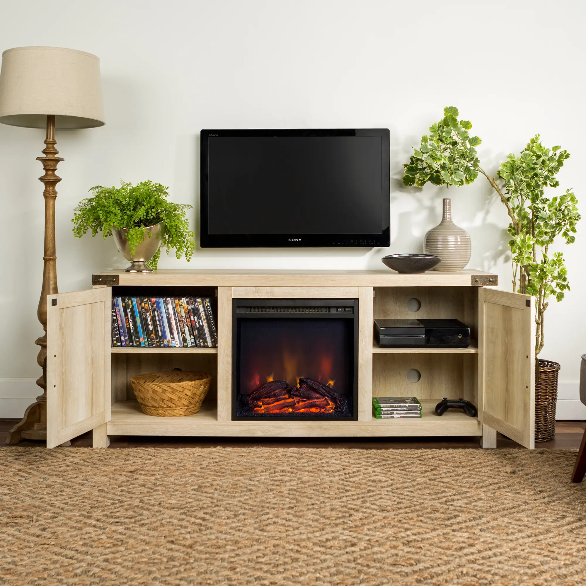 W58FPBDWO Michael White Oak 58 Fireplace TV Stand-2