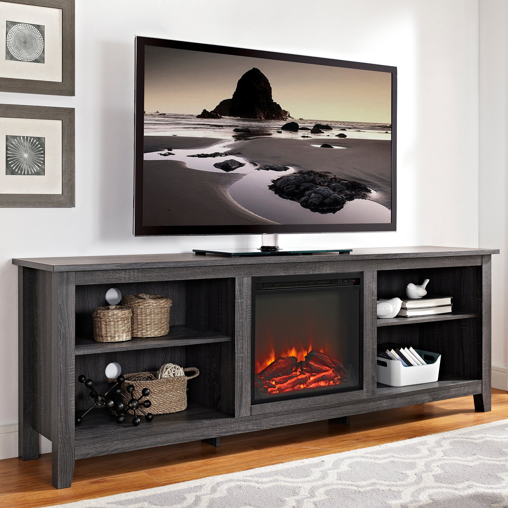 W70FP18CL Charcoal 70 Inch Rustic Fireplace TV Stand-1