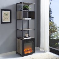 Industrial Metal and Gray Wood 70 Inch Bookshelf with Fireplace-2