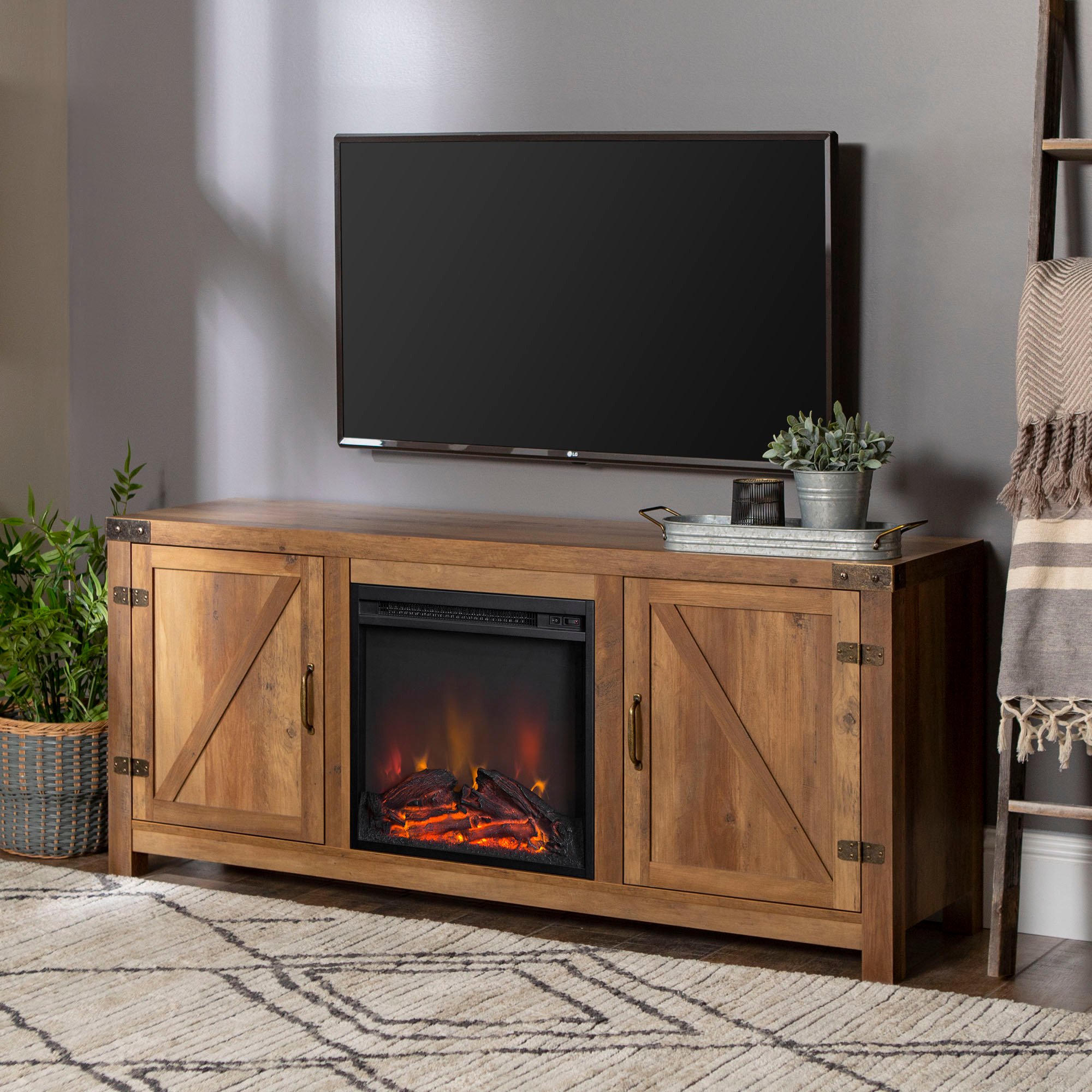 W58FPBDRO Rustic Oak 58 Inch Farmhouse Fireplace TV Stand-1