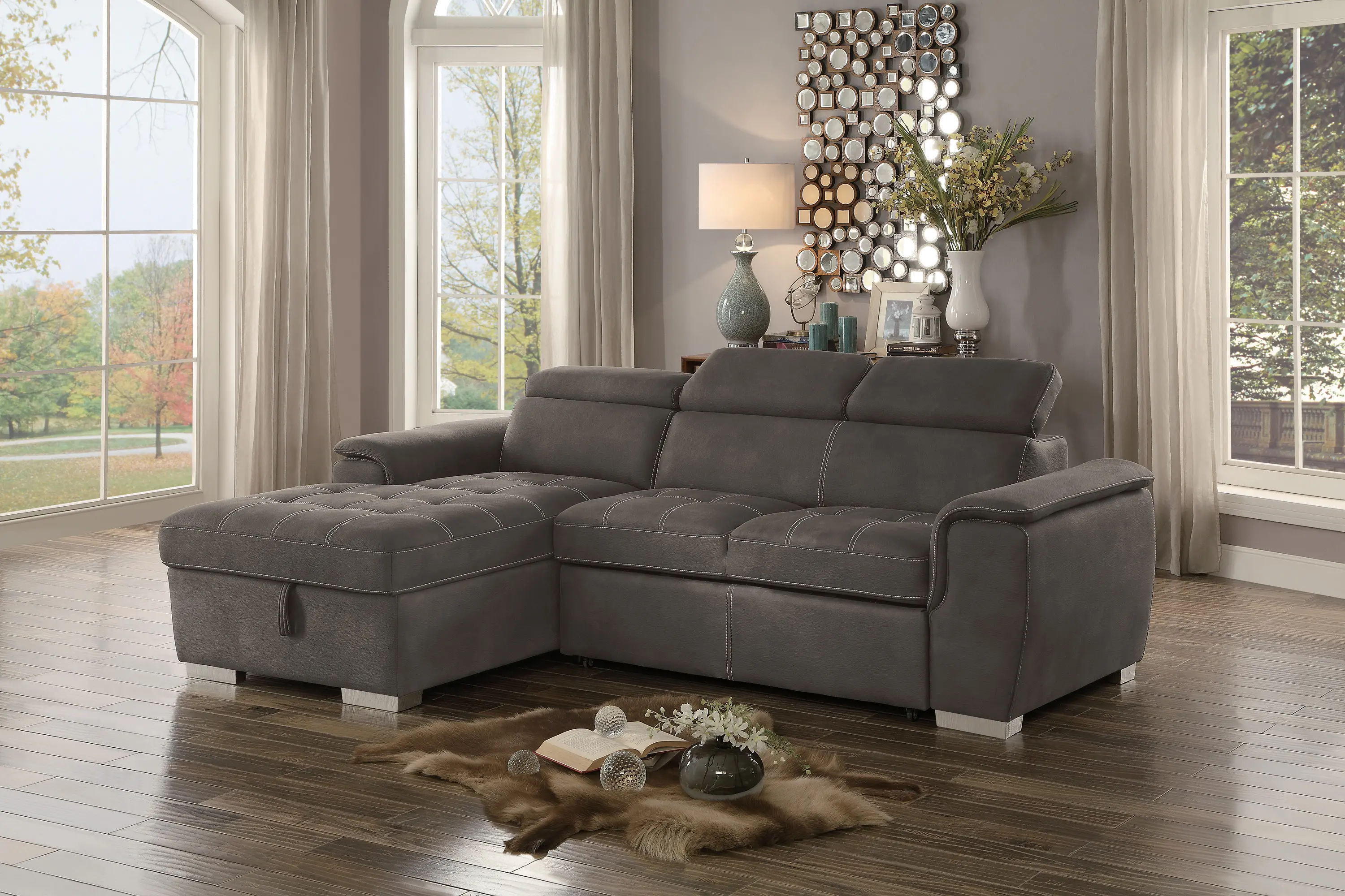 Ferriday Taupe Sectional Sofa with Pullout Sofa Bed and Left-Side Storage Chaise-1