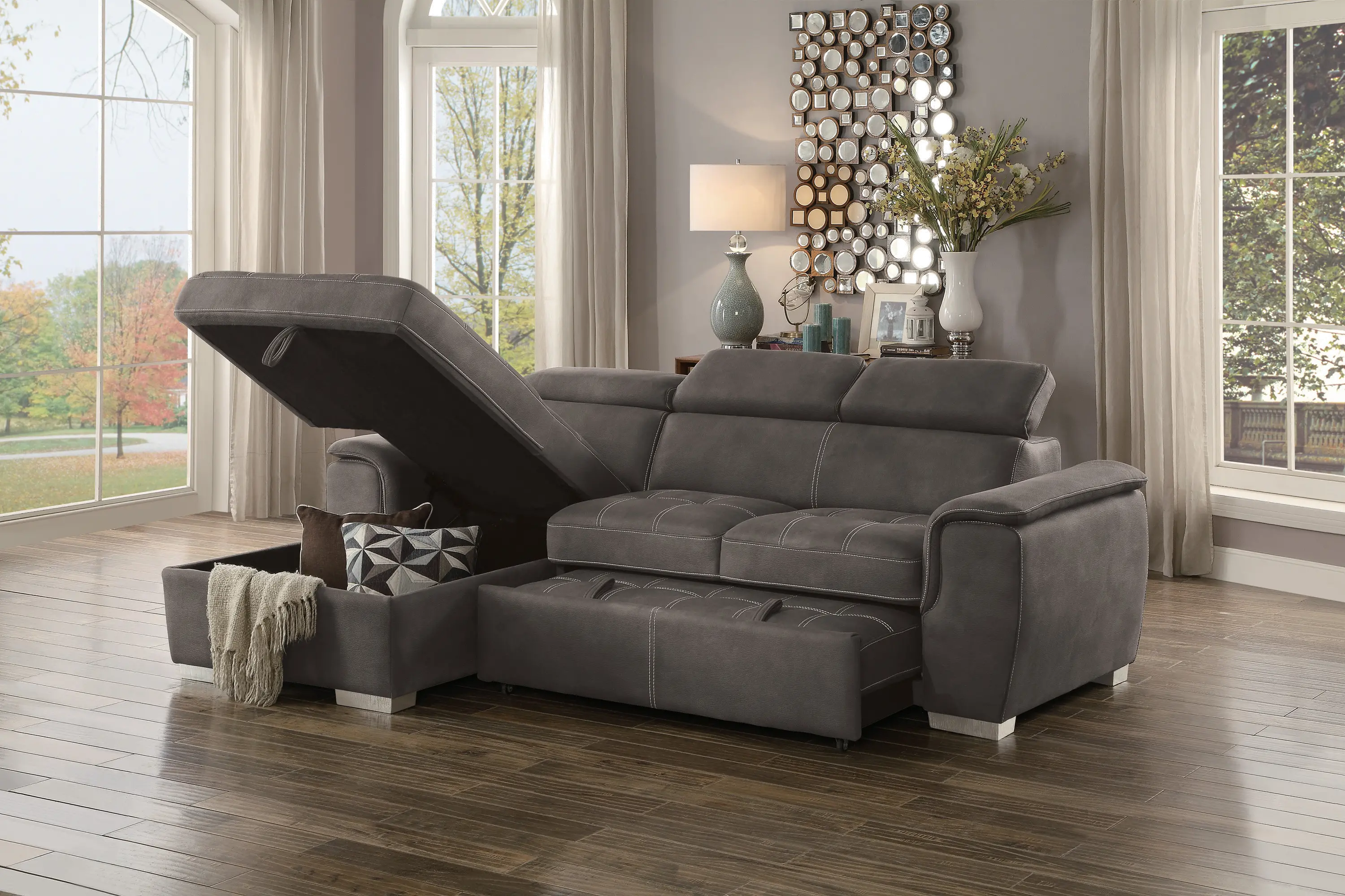 Ferriday Taupe Sectional Sofa with Pullout Sofa Bed and Left-Side Storage Chaise-2
