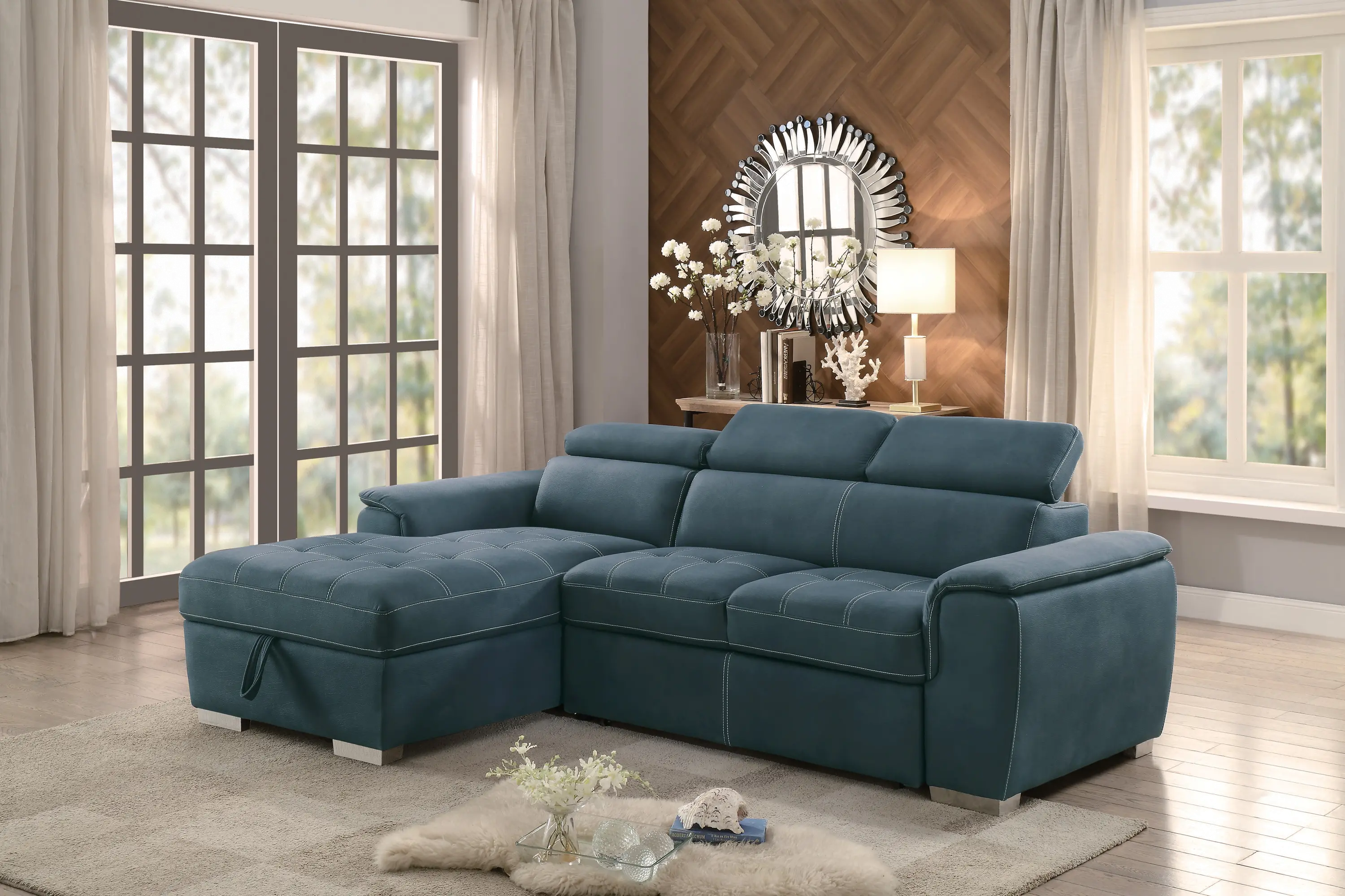 Ferriday Blue Sectional Sofa with Pullout Sofa Bed and Left-Side Storage Chaise-1