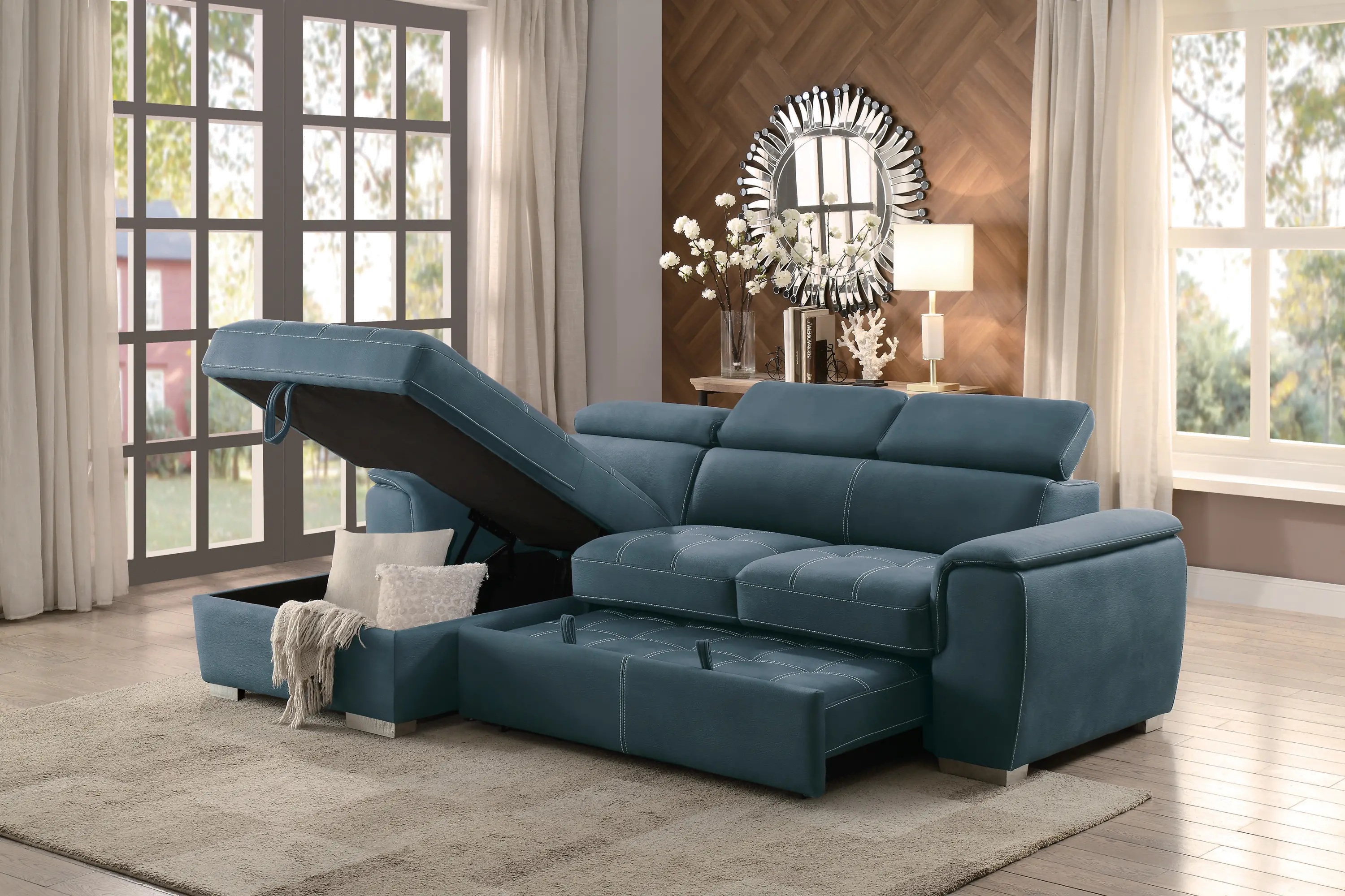 Ferriday Blue Sectional Sofa with Pullout Sofa Bed and Left-Side Storage Chaise-2