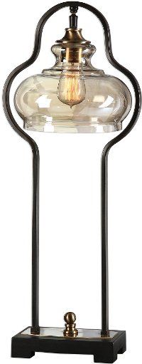 Aged Black Forged Iron Table Lamp with Antique Bulb
