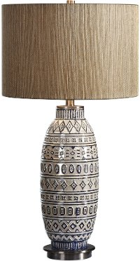 Aged Ivory Ceramic Embossed Tribal Table Lamp