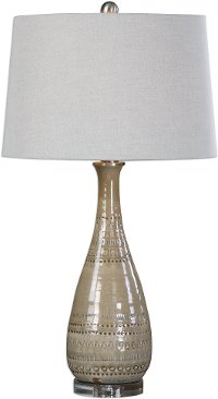 Light Taupe Ceramic Table Lamp with Brushed Nickel Details