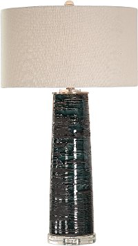 Aged Teal Glaze Table Lamp with Black and Crystal Accents