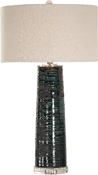 Aged Teal Glaze Table Lamp with Black and Crystal Accents