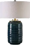 Dark Teal Ribbed Ceramic Table Lamp with Nickel Details