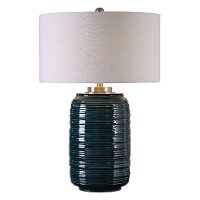 Dark Teal Ribbed Ceramic Table Lamp with Nickel Details