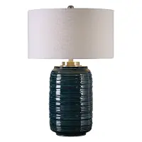 Dark Teal Ribbed Ceramic Table Lamp with Nickel Details