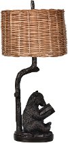 Resin Bronze Reading Bear Table Lamp with Rattan Shade