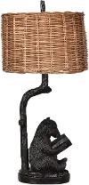Resin Bronze Reading Bear Table Lamp with Rattan Shade