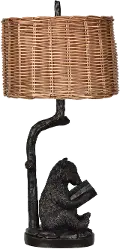 Resin Bronze Reading Bear Table Lamp with Rattan Shade
