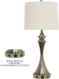 31 Inch Brushed Steel Table Lamp with USB Port and Outlet