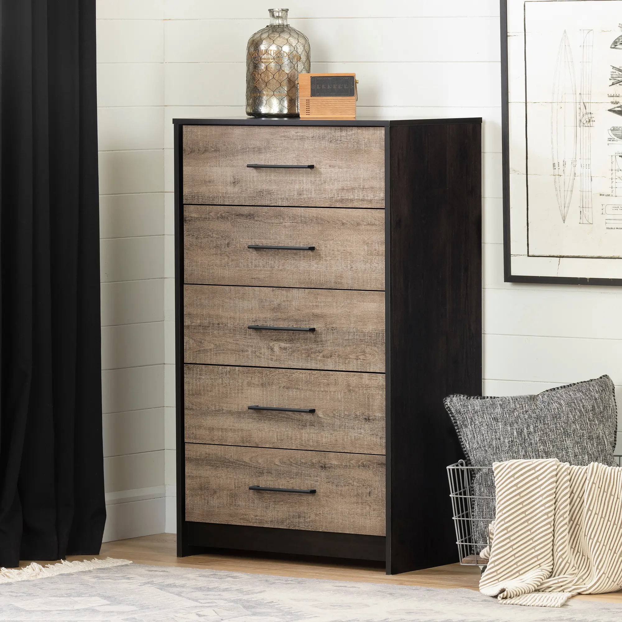 12228 Modern Weathered Oak and Brown 5 Drawer Chest - Londen-1