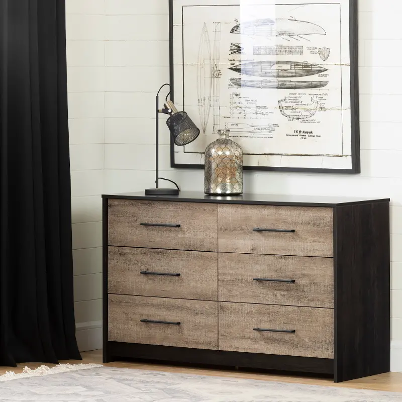 12229 Contemporary Weathered Oak and Brown 6 Drawer Dresser - South Shore