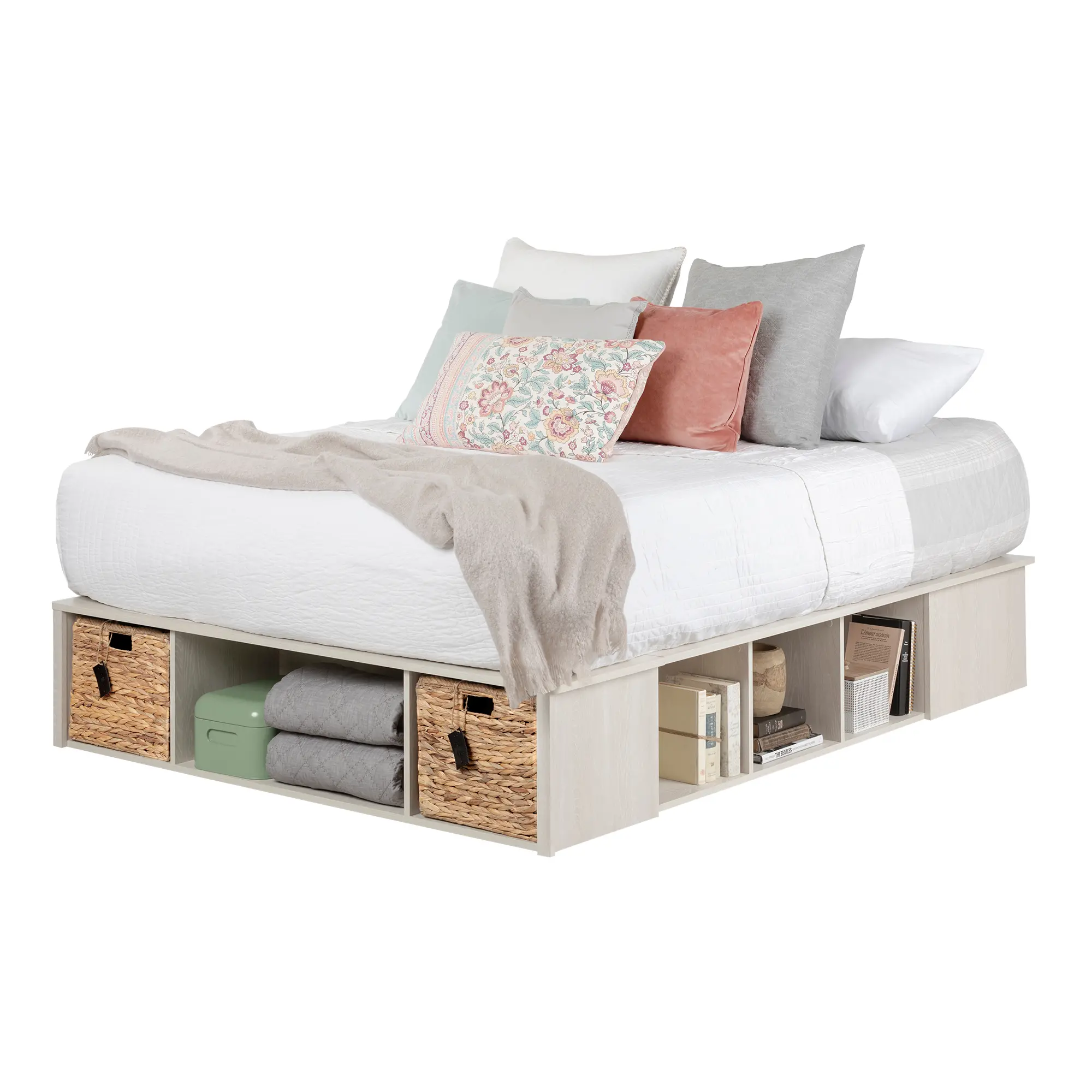 11836 Oak White Queen Storage Platform Bed with 2 Baskets - Avilla-7