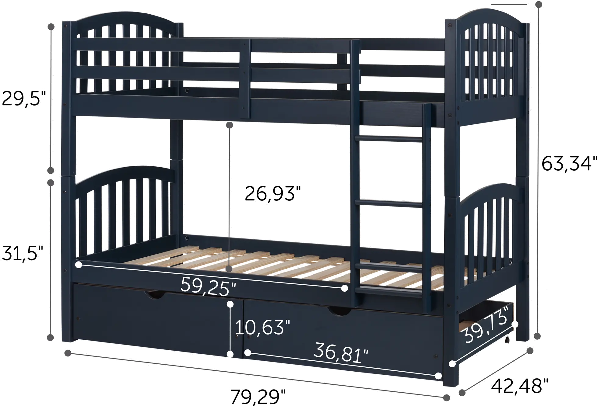 11824 Navy Blue Twin-over-Twin Bunk Bed with Drawers - Ulysses-4