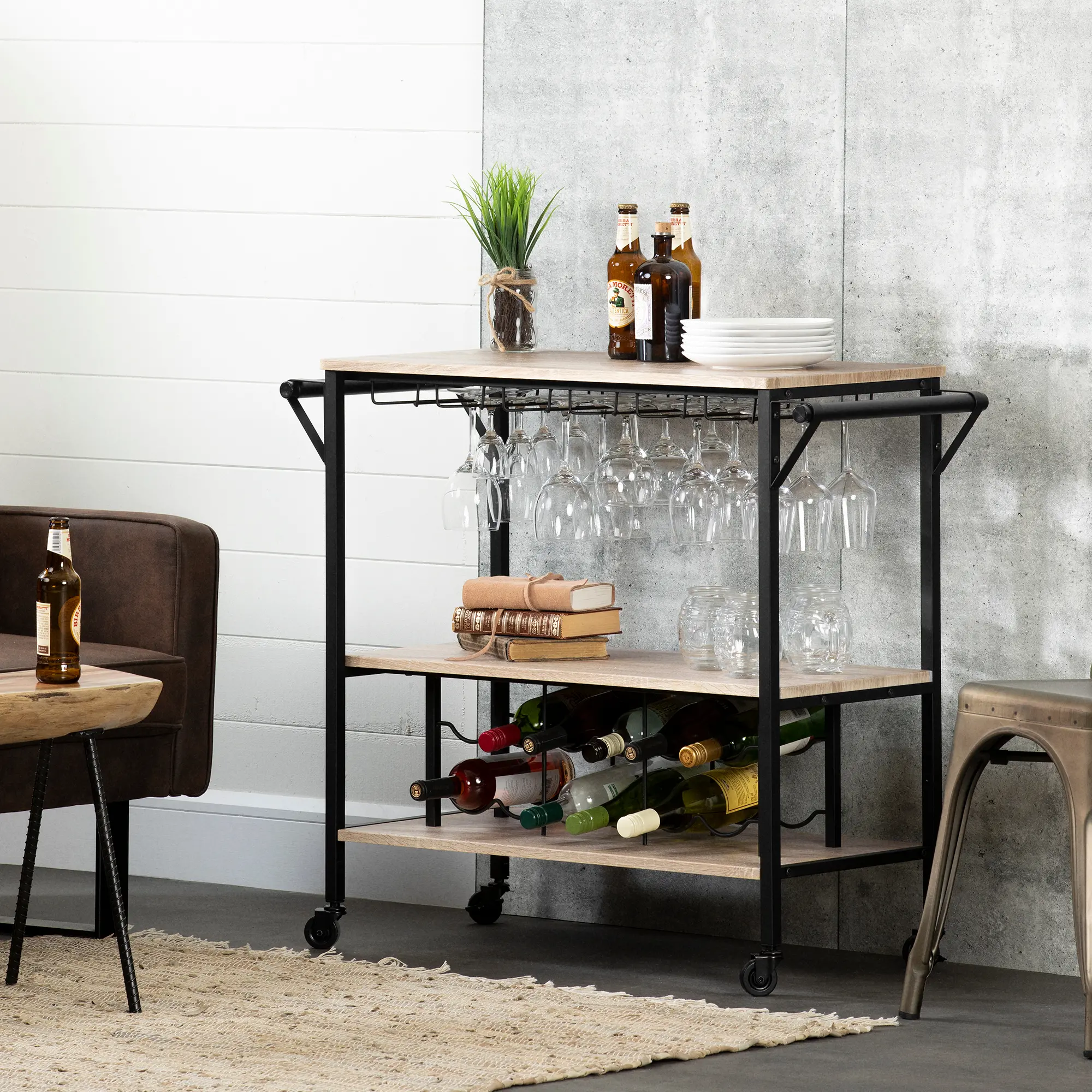 12070 White Oak and Black Industrial Bar Cart - Munich-1