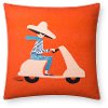 Red and Multi Color Embroidered Woman on Scooter Throw Pillow