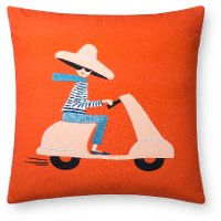 Red and Multi Color Embroidered Woman on Scooter Throw Pillow