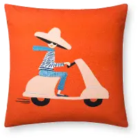 P6003-RP-RED/MULTI Red and Multi Color Embroidered Woman on Scooter Throw Pillow