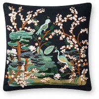 Black and Multi Color Bird Print and French Knot Throw Pillow