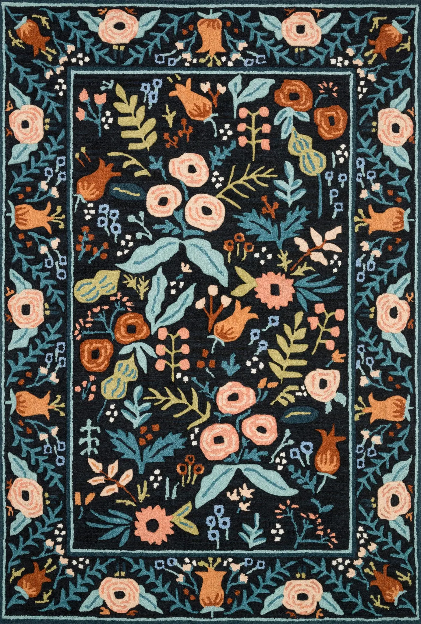 LES-01RP-BLACK5X7.6 5 x 8 Medium Black Autumn Flower Area Rug - Les Fleurs-1